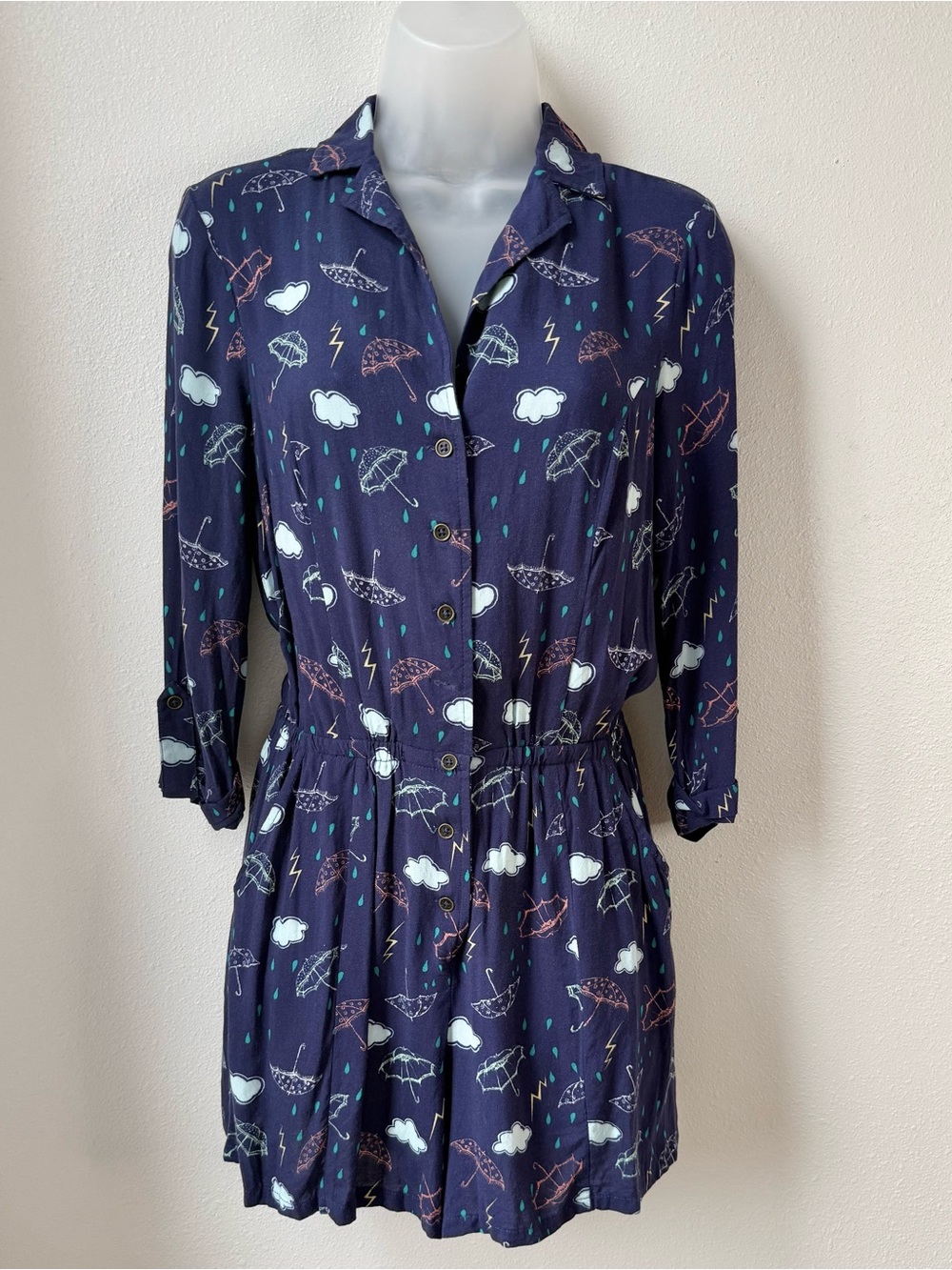 Modcloth Navy Umbrella & Cloud Print Long Sleeve Romper Size Small